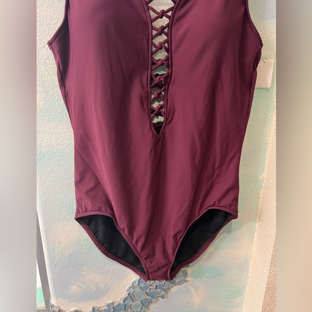NWT Aqua Green Burgundy One Piece Bathing Suit - Picture 3 of 9